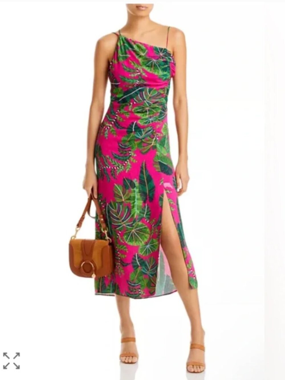Farm Rio Pink Tropical Leaf Open Strappy Back One Shoulder Midi Dress M $220